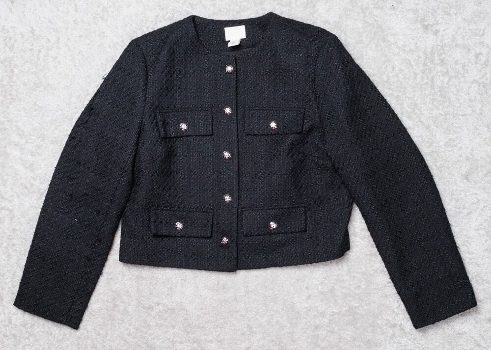 H&M Black Textured Weave Tweed Cropped Jacket Womens Size M NWOT